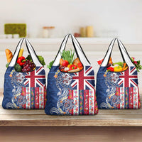 Hawaiian Manta Ray and Turtle Tribal Tattoo Grocery Bag With Hawaii Flag and Flowers