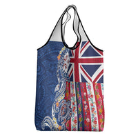 Hawaiian Manta Ray and Turtle Tribal Tattoo Grocery Bag With Hawaii Flag and Flowers
