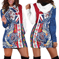 Hawaiian Manta Ray and Turtle Tribal Tattoo Hoodie Dress With Hawaii Flag and Flowers
