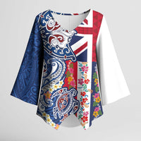 Hawaiian Manta Ray and Turtle Tribal Tattoo Kimono Sleeve Blouse With Hawaii Flag and Flowers