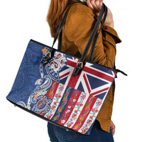 Hawaiian Manta Ray and Turtle Tribal Tattoo Leather Tote Bag With Hawaii Flag and Flowers