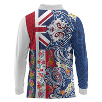 Hawaiian Manta Ray and Turtle Tribal Tattoo Long Sleeve Polo Shirt With Hawaii Flag and Flowers