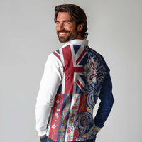 Hawaiian Manta Ray and Turtle Tribal Tattoo Long Sleeve Polo Shirt With Hawaii Flag and Flowers