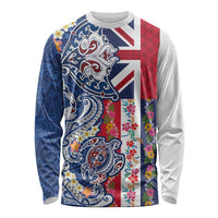 Hawaiian Manta Ray and Turtle Tribal Tattoo Long Sleeve Shirt With Hawaii Flag and Flowers