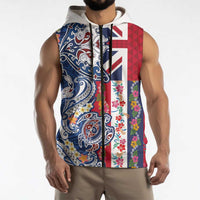 Hawaiian Manta Ray and Turtle Tribal Tattoo Sleeveless Zip Hoodie With Hawaii Flag and Flowers