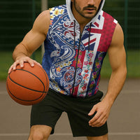Hawaiian Manta Ray and Turtle Tribal Tattoo Sleeveless Zip Hoodie With Hawaii Flag and Flowers