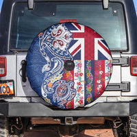 Hawaiian Manta Ray and Turtle Tribal Tattoo Spare Tire Cover With Hawaii Flag and Flowers