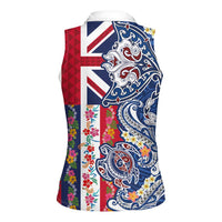 Hawaiian Manta Ray and Turtle Tribal Tattoo Women Sleeveless Polo Shirt With Hawaii Flag and Flowers