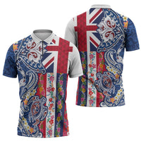 Hawaiian Manta Ray and Turtle Tribal Tattoo Zipper Polo Shirt With Hawaii Flag and Flowers