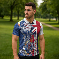 Hawaiian Manta Ray and Turtle Tribal Tattoo Zipper Polo Shirt With Hawaii Flag and Flowers