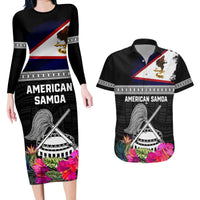 Personalized American Samoa Flag Day Couples Matching Long Sleeve Bodycon Dress and Hawaiian Shirt Tanoa and Fue mix Hibiscus Flower Polynesian Pattern