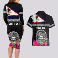 Personalized American Samoa Flag Day Couples Matching Long Sleeve Bodycon Dress and Hawaiian Shirt Tanoa and Fue mix Hibiscus Flower Polynesian Pattern