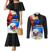 Philippines Independence Day Couples Matching Mermaid Dress and Long Sleeve Button Shirt Philippines Eagle and Sampaguita Jasmine Yakan Tribal LT03 Black - Polynesian Pride