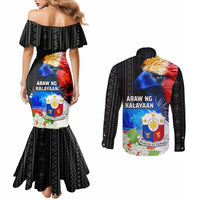 Philippines Independence Day Couples Matching Mermaid Dress and Long Sleeve Button Shirt Philippines Eagle and Sampaguita Jasmine Yakan Tribal LT03 - Polynesian Pride