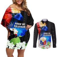 Philippines Independence Day Couples Matching Off Shoulder Short Dress and Long Sleeve Button Shirt Philippines Eagle and Sampaguita Jasmine Yakan Tribal LT03 Black - Polynesian Pride