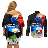 Philippines Independence Day Couples Matching Off Shoulder Short Dress and Long Sleeve Button Shirt Philippines Eagle and Sampaguita Jasmine Yakan Tribal