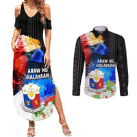 Philippines Independence Day Couples Matching Summer Maxi Dress and Long Sleeve Button Shirt Philippines Eagle and Sampaguita Jasmine Yakan Tribal LT03 Black - Polynesian Pride