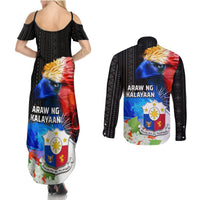 Philippines Independence Day Couples Matching Summer Maxi Dress and Long Sleeve Button Shirt Philippines Eagle and Sampaguita Jasmine Yakan Tribal LT03 - Polynesian Pride