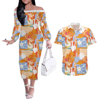 Hawaiian and Japanese Culture Together Couples Matching Off The Shoulder Long Sleeve Dress and Hawaiian Shirt Palaka Japanese Art and Tropical Motif Tribal Patchwork