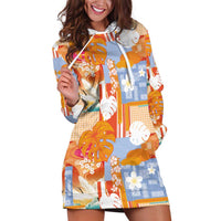 Hawaiian and Japanese Culture Together Hoodie Dress Palaka Japanese Art and Tropical Motif Tribal Patchwork