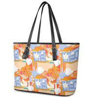 Hawaiian and Japanese Culture Together Leather Tote Bag Palaka Japanese Art and Tropical Motif Tribal Patchwork
