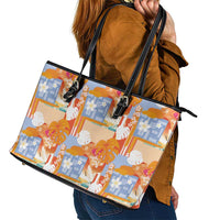 Hawaiian and Japanese Culture Together Leather Tote Bag Palaka Japanese Art and Tropical Motif Tribal Patchwork