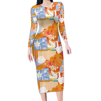 Hawaiian and Japanese Culture Together Long Sleeve Bodycon Dress Palaka Japanese Art and Tropical Motif Tribal Patchwork