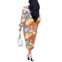 Hawaiian and Japanese Culture Together Off The Shoulder Long Sleeve Dress Palaka Japanese Art and Tropical Motif Tribal Patchwork