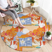 Hawaiian and Japanese Culture Together Round Carpet Palaka Japanese Art and Tropical Motif Tribal Patchwork