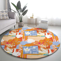 Hawaiian and Japanese Culture Together Round Carpet Palaka Japanese Art and Tropical Motif Tribal Patchwork