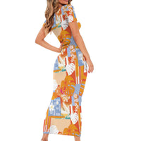 Hawaiian and Japanese Culture Together Short Sleeve Bodycon Dress Palaka Japanese Art and Tropical Motif Tribal Patchwork