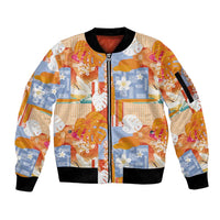 Hawaiian and Japanese Culture Together Sleeve Zip Bomber Jacket Palaka Japanese Art and Tropical Motif Tribal Patchwork