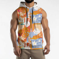 Hawaiian and Japanese Culture Together Sleeveless Hoodie Palaka Japanese Art and Tropical Motif Tribal Patchwork