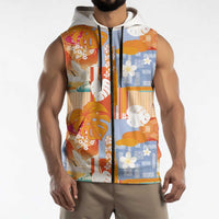 Hawaiian and Japanese Culture Together Sleeveless Zip Hoodie Palaka Japanese Art and Tropical Motif Tribal Patchwork