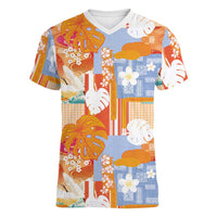 Hawaiian and Japanese Culture Together Women V-Neck T-Shirt Palaka Japanese Art and Tropical Motif Tribal Patchwork