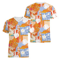 Hawaiian and Japanese Culture Together Women V-Neck T-Shirt Palaka Japanese Art and Tropical Motif Tribal Patchwork