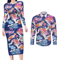 Hawaiian and Japanese Culture Together Couples Matching Long Sleeve Bodycon Dress and Long Sleeve Button Shirt Hawaiian Archipelago Shape Sea Animals