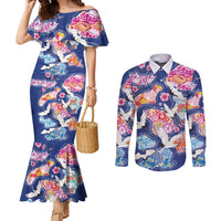 Hawaiian and Japanese Culture Together Couples Matching Mermaid Dress and Long Sleeve Button Shirt Hawaiian Archipelago Shape Sea Animals
