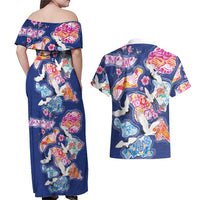 Hawaiian and Japanese Culture Together Couples Matching Off Shoulder Maxi Dress and Hawaiian Shirt Hawaiian Archipelago Shape Sea Animals