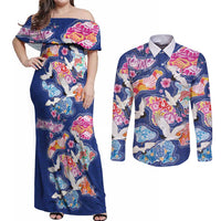 Hawaiian and Japanese Culture Together Couples Matching Off Shoulder Maxi Dress and Long Sleeve Button Shirt Hawaiian Archipelago Shape Sea Animals