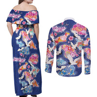 Hawaiian and Japanese Culture Together Couples Matching Off Shoulder Maxi Dress and Long Sleeve Button Shirt Hawaiian Archipelago Shape Sea Animals