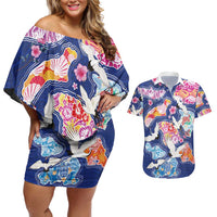 Hawaiian and Japanese Culture Together Couples Matching Off Shoulder Short Dress and Hawaiian Shirt Hawaiian Archipelago Shape Sea Animals