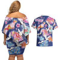 Hawaiian and Japanese Culture Together Couples Matching Off Shoulder Short Dress and Hawaiian Shirt Hawaiian Archipelago Shape Sea Animals