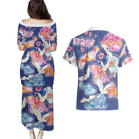 Hawaiian and Japanese Culture Together Couples Matching Puletasi and Hawaiian Shirt Hawaiian Archipelago Shape Sea Animals