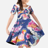 Hawaiian and Japanese Culture Together Family Matching Off The Shoulder Long Sleeve Dress and Hawaiian Shirt Hawaiian Archipelago Shape Sea Animals LT03 Daughter's Dress Multicolor - Polynesian Pride