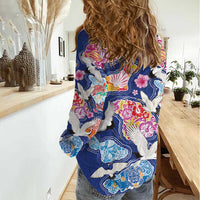 Hawaiian and Japanese Culture Together Women Casual Shirt Hawaiian Archipelago Shape Sea Animals