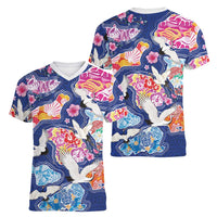 Hawaiian and Japanese Culture Together Women V-Neck T-Shirt Hawaiian Archipelago Shape Sea Animals