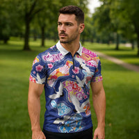 Hawaiian and Japanese Culture Together Zipper Polo Shirt Hawaiian Archipelago Shape Sea Animals