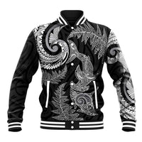 New Zealand Sea Animals with Maori Tribal Tattoo Baseball Jacket Shark Manta Ray with Silver Fern Black