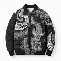 New Zealand Sea Animals with Maori Tribal Tattoo Bomber Puffer Jacket Shark Manta Ray with Silver Fern Black